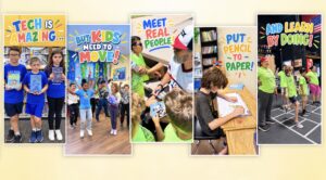 Five-image CalKids collage showing children reading, moving, meeting real people, writing by hand, and learning through hands-on activities, with the message that technology is valuable but children also need real-world experiences.