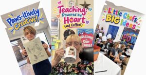 Three-photo collage featuring a CalKids student holding his artwork, Ms. Karen with her coffee mug, and children wearing chef hats during a cooking activity.
